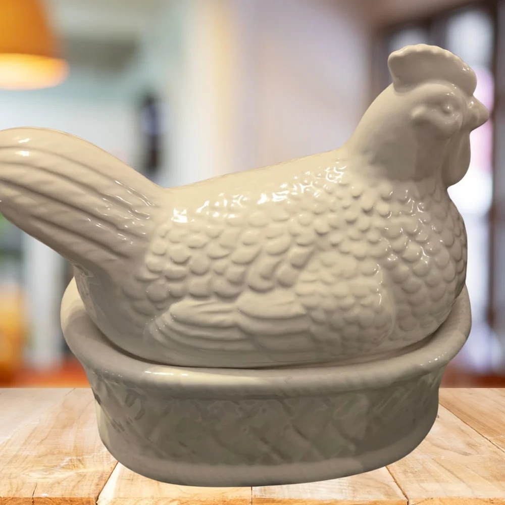 Vintage White Ceramic Hen on Nest Covered Baker